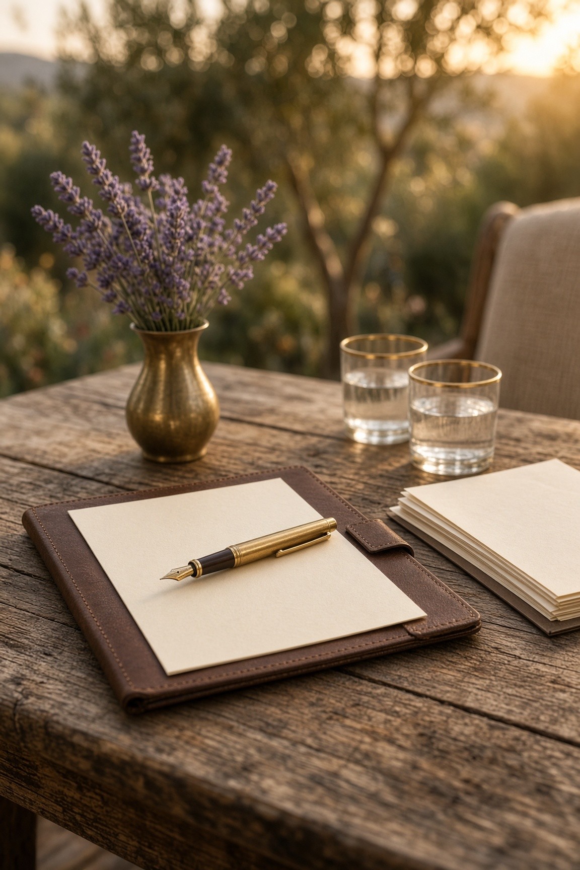 A leather folder, paper and a brass pen on a wooden table