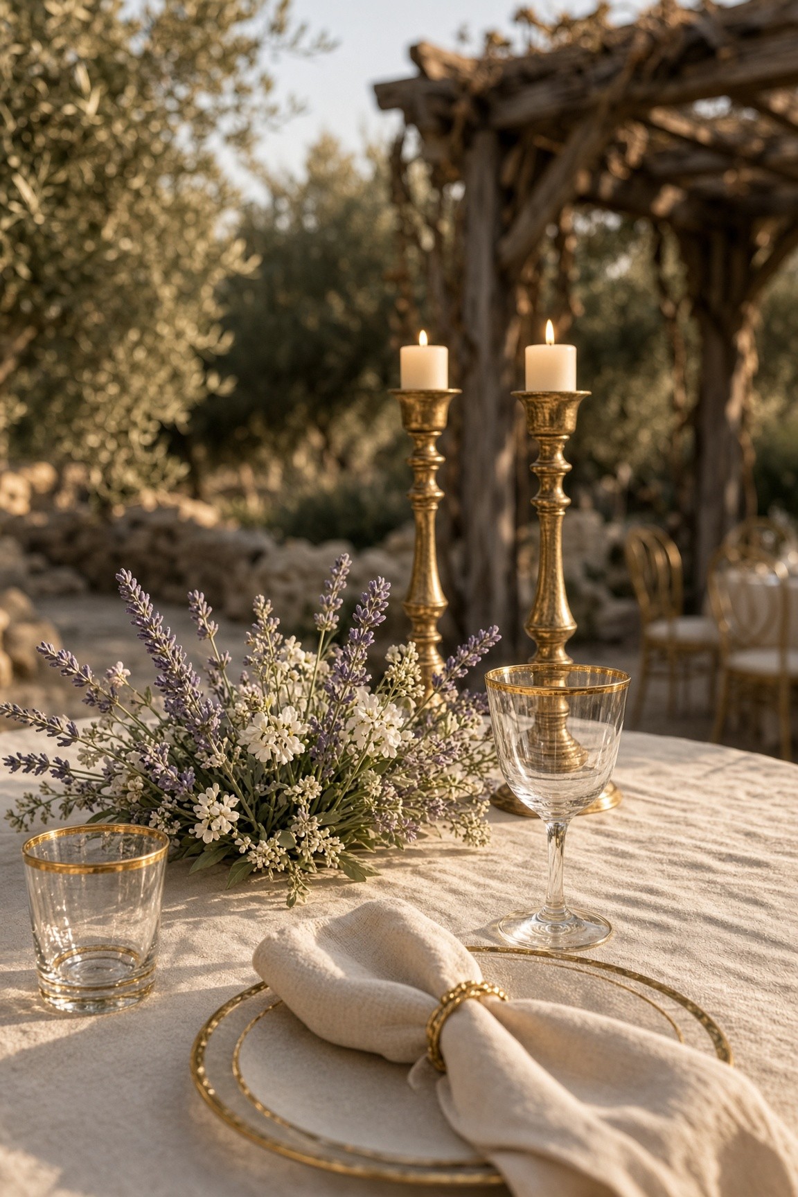 A table set with lavender, linen and gold candle holders